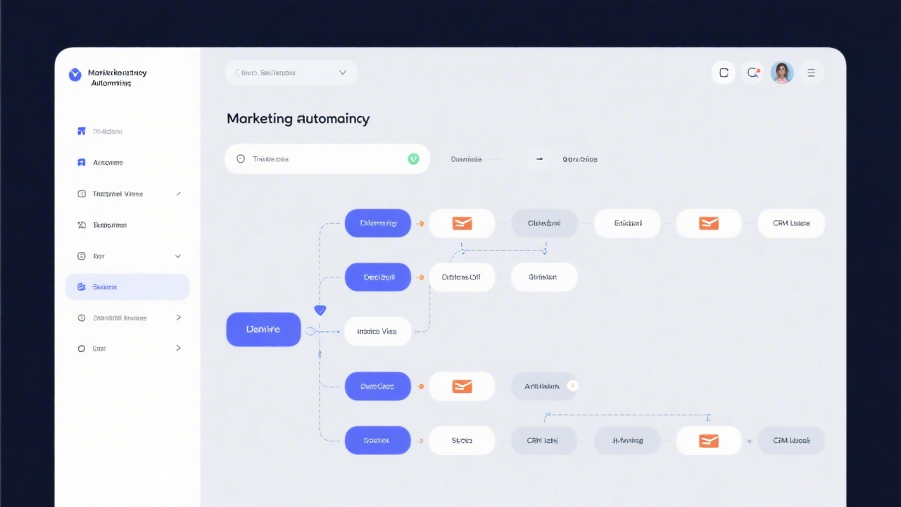 Detailed marketing automation dashboard with segmented lifecycle stages, lead scores, and conversion metrics displayed on a widescreen monitor in a minimalist office.