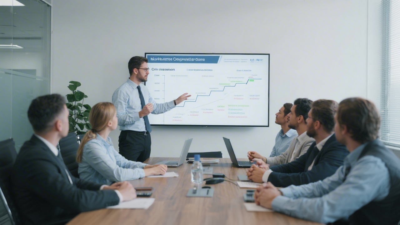 Consultative meeting in a professional office with a consultant presenting CRM integration plans and marketing automation timelines to a mid-sized business team.