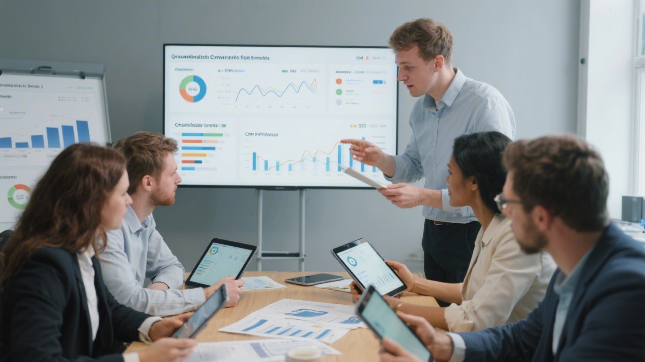 Strategic planning session with a team reviewing growth experiments and CRM pipeline metrics on digital tablets and printed dashboards.